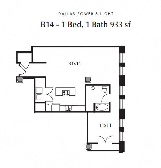 Floor plan for 1 bed, 1 bath, 933 sqft